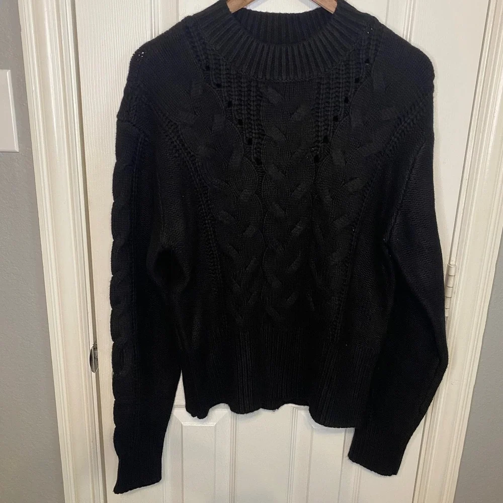 White House Black Market Black Cable Knit Mock Neck Sweater Wool Cashmere XL